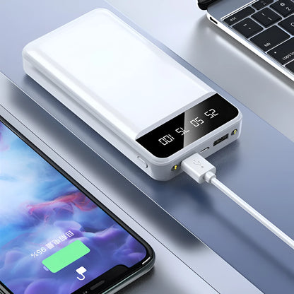 20000 MA power bank in black, white, pink, or blue colours, showing USB ports and compact size.