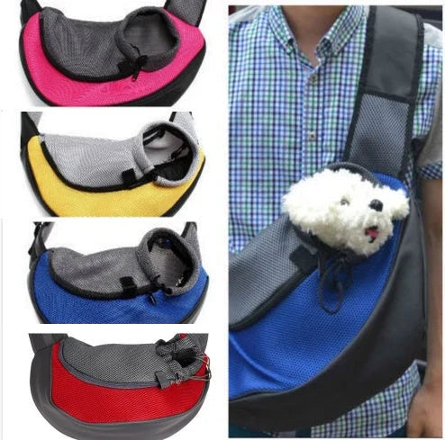 A comfortable and stylish pet sling bag with padded mesh and leather details, allowing hands-free travel for pet owners.