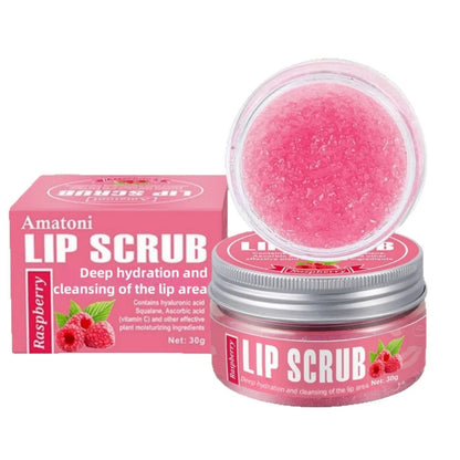 Amatoni 30g pot of fruit flavour lip scrub cream in coconut, raspberry, vanilla, or watermelon