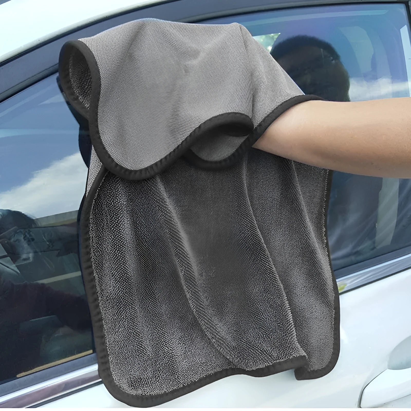 Grey square microfiber car wash towel for drying vehicles, 40cm by 40cm.