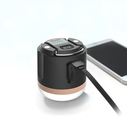 Outdoor tent camping light with 7200mAh battery in black silver colour showing compact 78x67mm dimensions