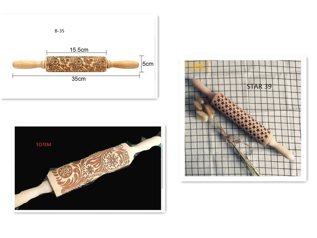 Festive rolling pin with embossed Christmas designs for easy imprinting on dough