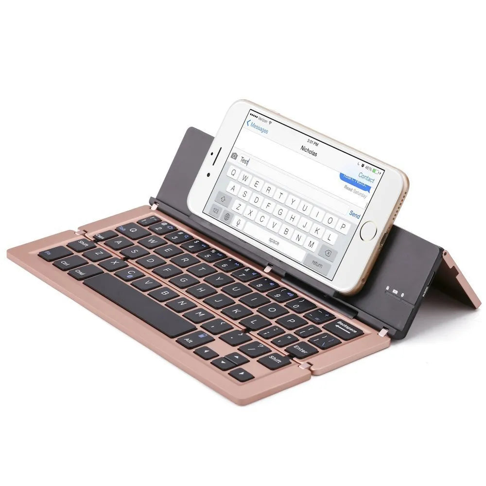 F18 three-fold folding wireless keyboard, aluminium alloy, 58 keys, folded to 22.6cm, in Golden, Grey, Rose Gold, Silvery