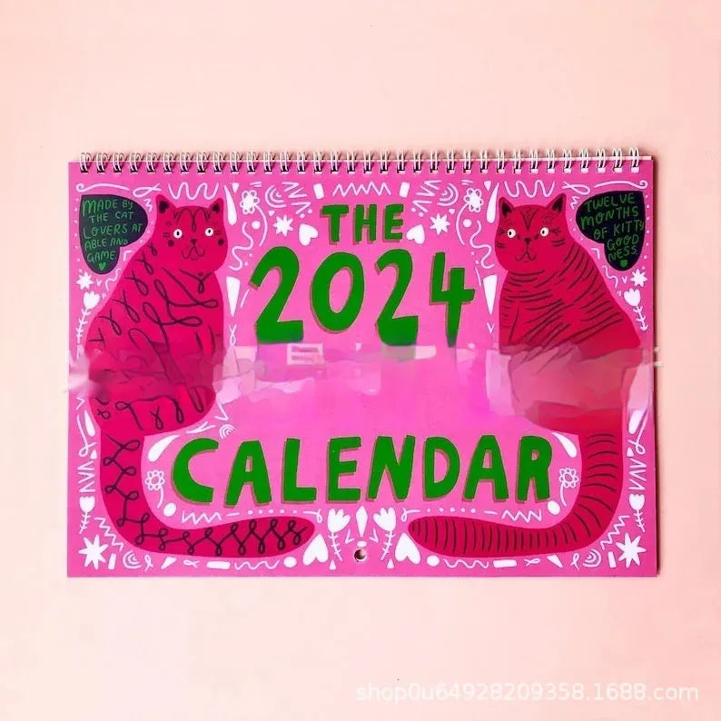 A3 size cat-themed wall calendar planner with monthly grid and illustrations.