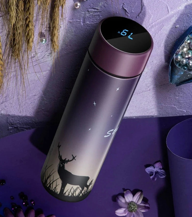 Sleek stainless steel vacuum flask with LED temperature display in various colors and capacities
