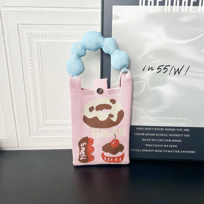 Cartoon knitted messenger bag with polyester construction and internal mobile phone storage