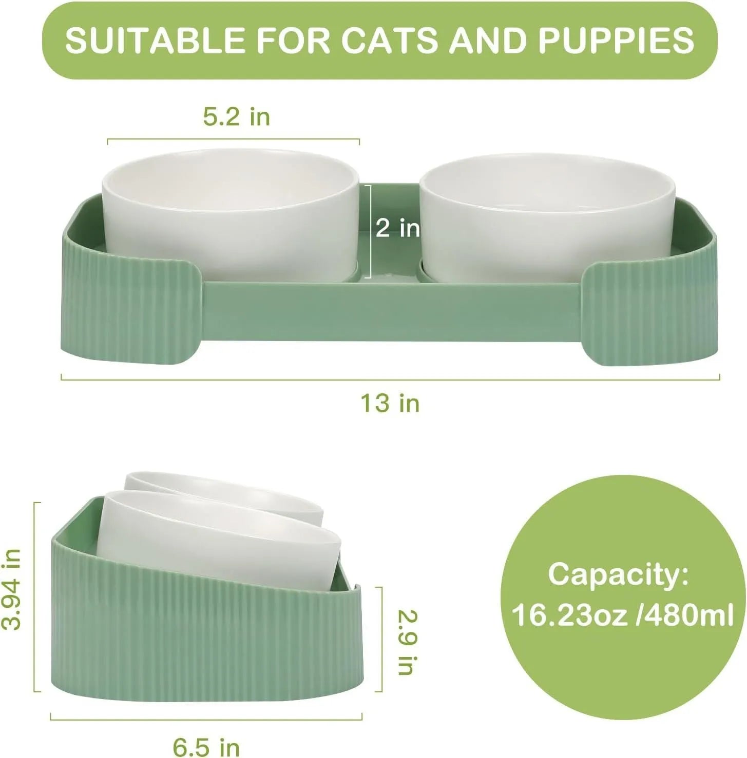 Green ceramic elevated cat bowl set with two tilted dishes on a stand with a spill-proof rim