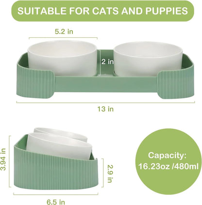 Green ceramic elevated cat bowl set with two tilted dishes on a stand with a spill-proof rim