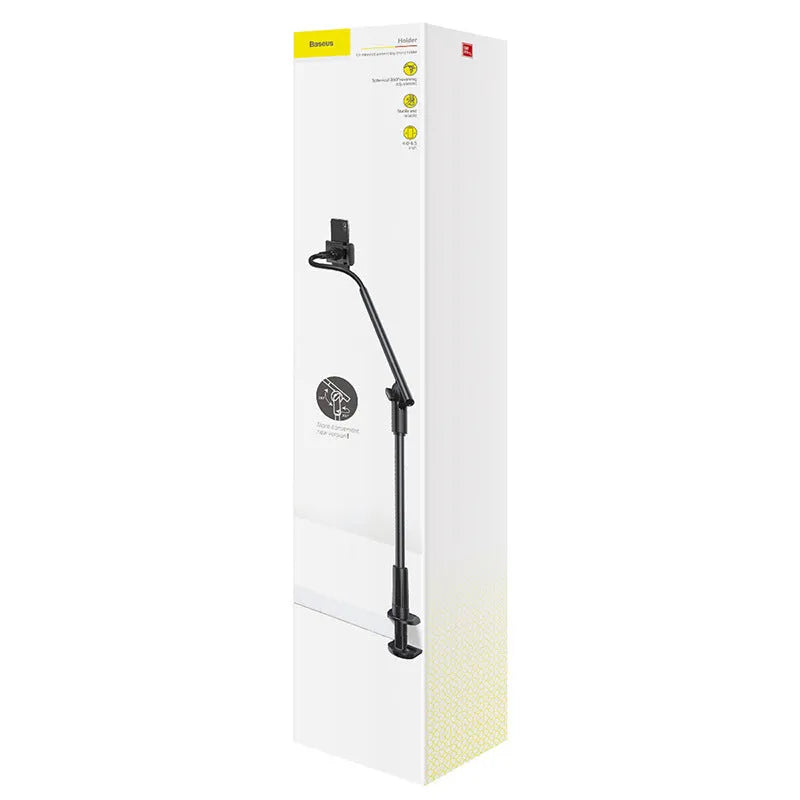 Lazy phone holder in dark grey or silver, aluminium alloy and plastic, clamp width 64-90mm, base clip 90mm.