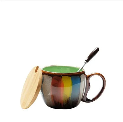 Handmade ceramic mug with lid and spoon in blue, green, yellow, or pink colours