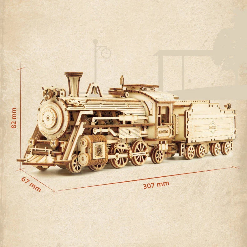 Premium model wooden train kit with 308 precision-cut wooden pieces for a rewarding DIY assembly project