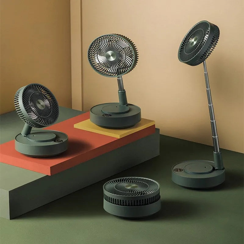 Green rechargeable floor fan with humidifier in extended position showing telescopic design