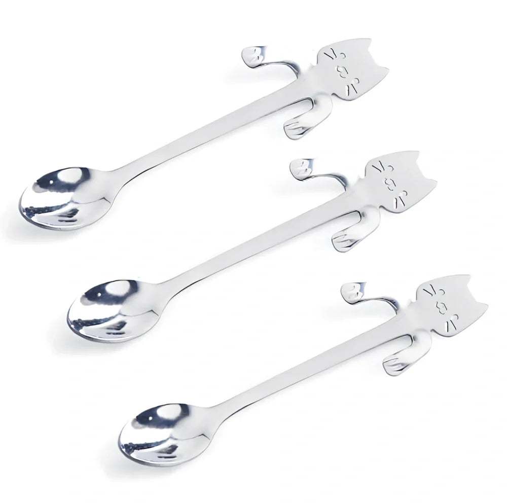 Stainless steel coffee spoon with cartoon cat handle showing hanging hole and smooth edges