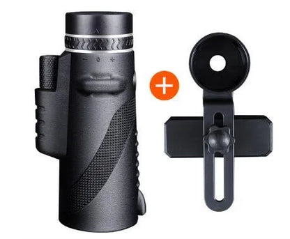 Black HD 40x60 monocular telescope with smartphone attached, showing 40x magnification and compact design.