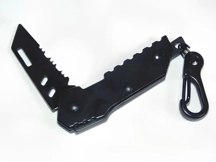 Black pocket folding knife with serrated blade, shown open at 85mm length and closed at 5mm thickness
