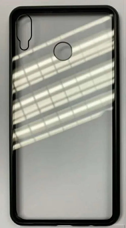 Magnetic phone case with metal frame and 9H tempered glass back in black, blue, red, or white for Honor and Huawei phones