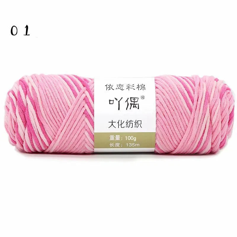 Eight strands of gradient milk cotton wool in a ball, showing multiple colour options for hand knitting.