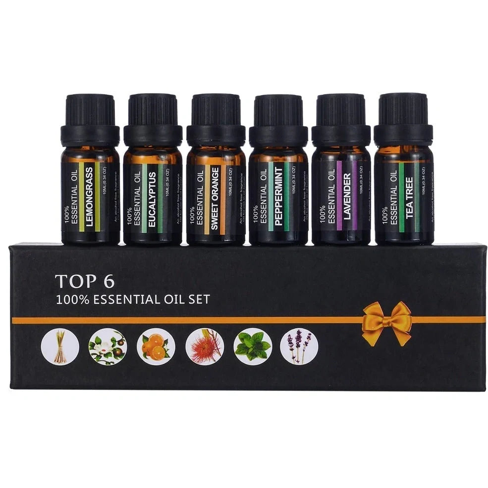Six 10ml natural essential oil bottles in orange, lavender, tea tree, mint, eucalyptus, lemongrass for aromatherapy diffusers