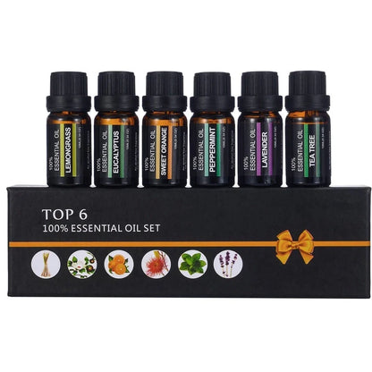 Six 10ml natural essential oil bottles in orange, lavender, tea tree, mint, eucalyptus, lemongrass for aromatherapy diffusers