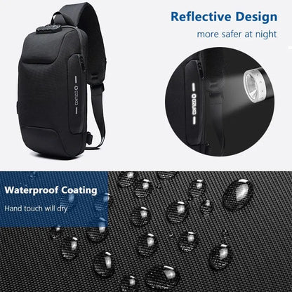 Anti-theft USB chest bag in Oxford cloth with zip closure, square vertical section, and polyester lining, shown in dark blue.