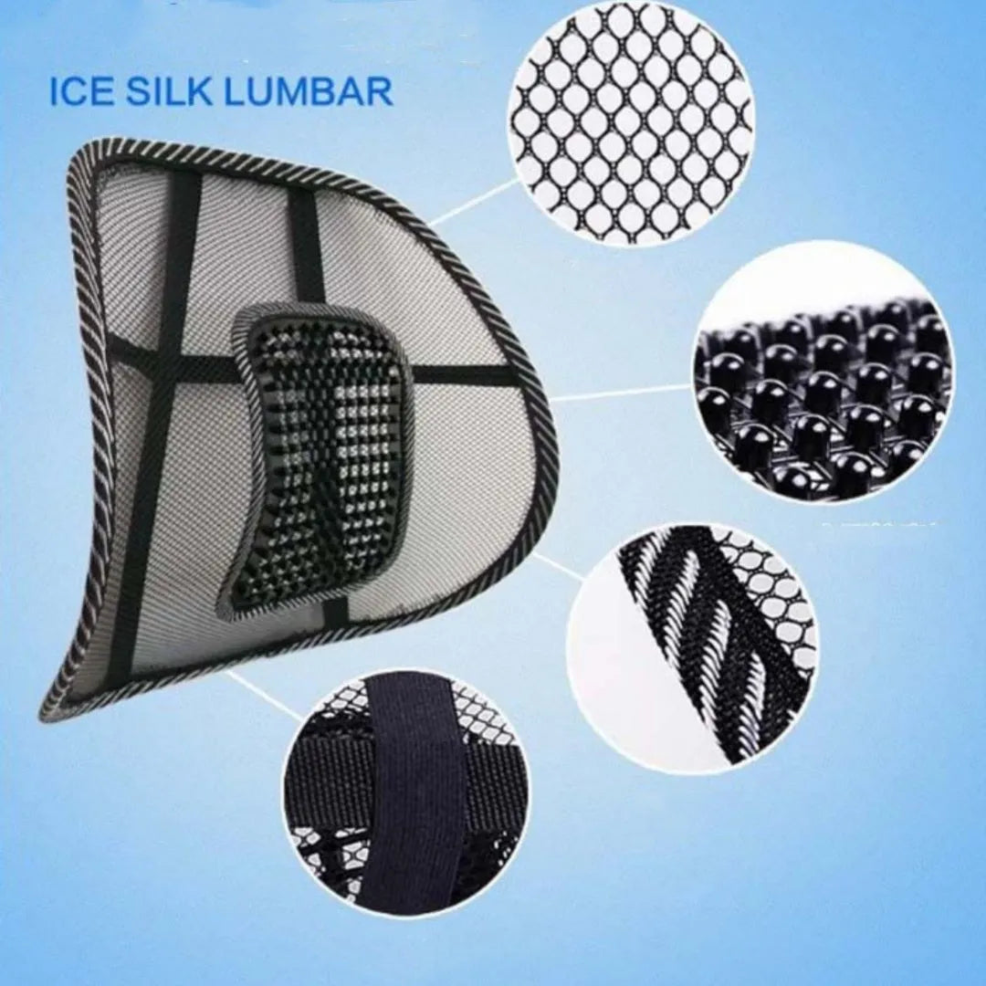 Black lumbar support pillow with steel wire framework for car seats measuring 41x39cm