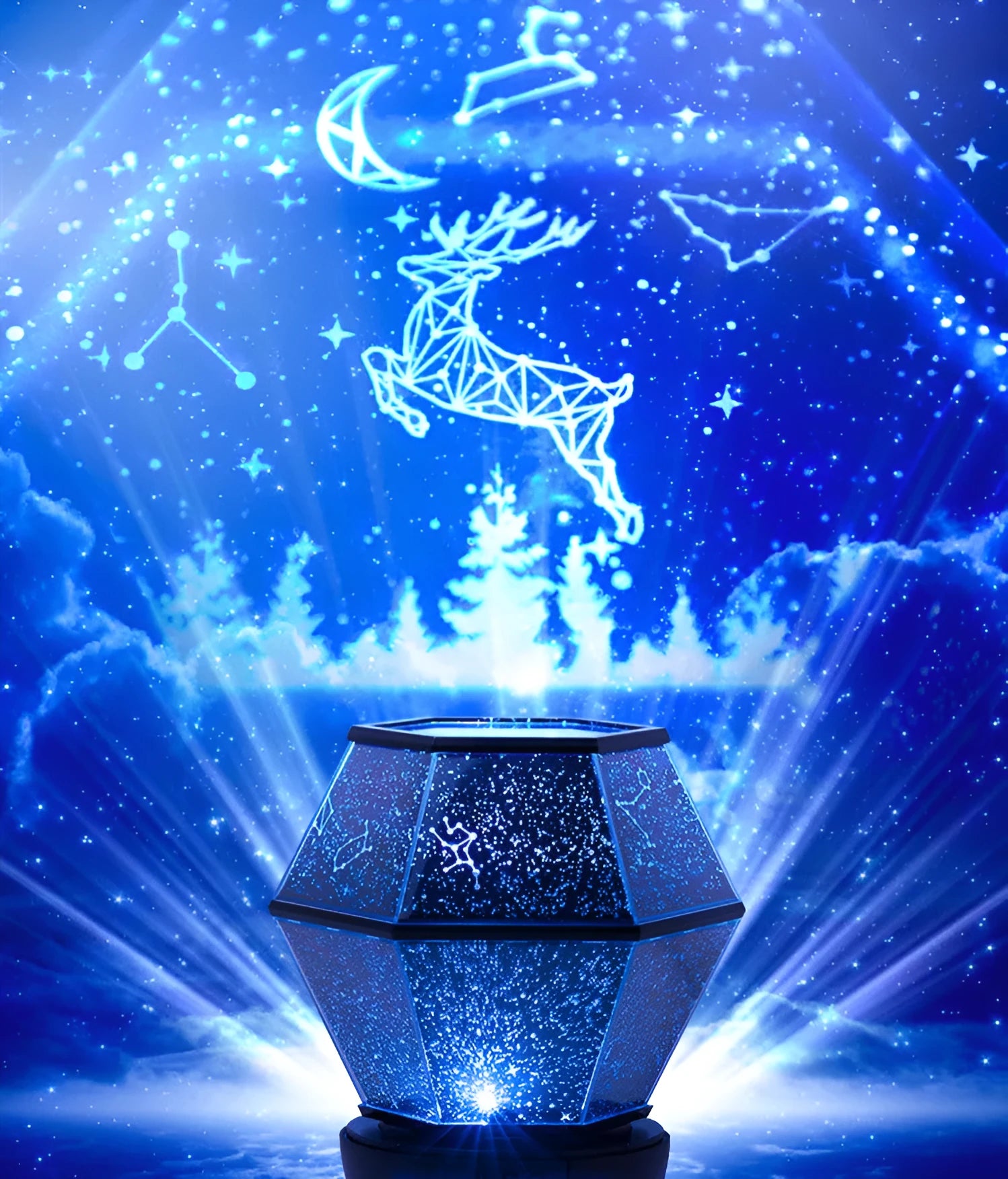 Children's rotating star projector night light showing blue, green, and yellow stars projected on a ceiling.