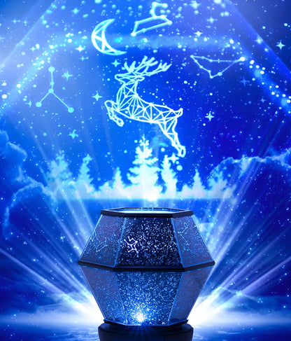 Children's rotating star projector night light showing blue, green, and yellow stars projected on a ceiling.