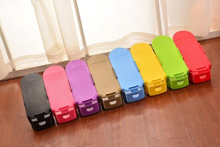 Adjustable dual-tier shoe organizer rack made of durable polypropylene material