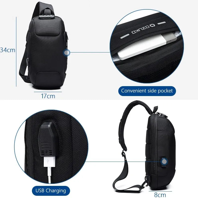 Anti-theft USB chest bag in Oxford cloth with zip closure, square vertical section, and polyester lining, shown in dark blue.