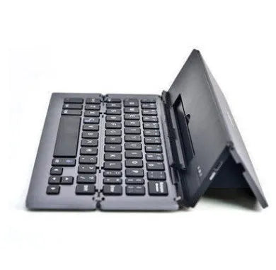 Foldable aluminium wireless Bluetooth keyboard for smartphones and tablets, available in Gold, Rose Red, Silver, and Space Grey.