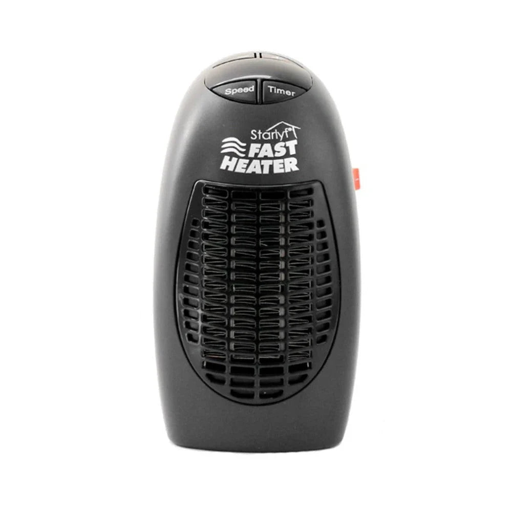 Compact electric space heater with stay-cool plastic housing, digital thermostat, and 180-degree rotating plug