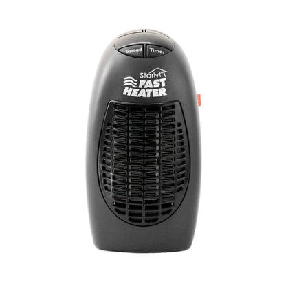 Compact electric space heater with stay-cool plastic housing, digital thermostat, and 180-degree rotating plug