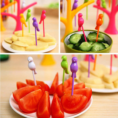 Kids' plastic fruit fork set with tree and birds design in various colours