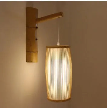 Hand-woven bamboo lamp shade with E27 holder, 35cm tall, for wall mounting.