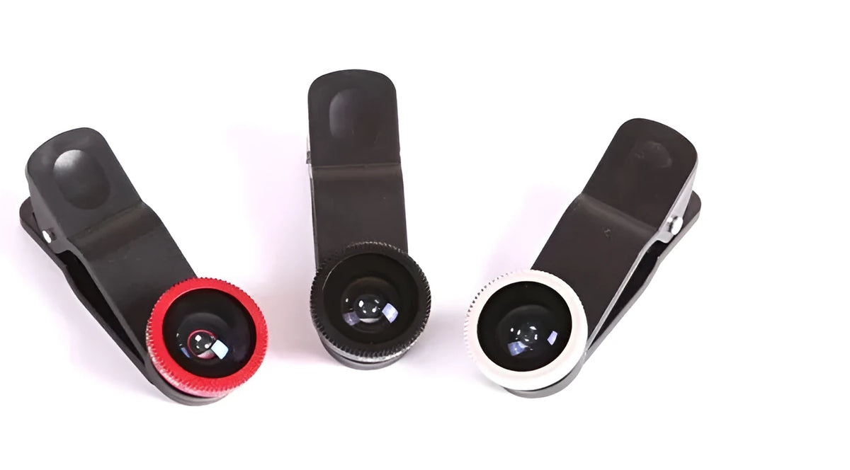 Mini smartphone camera lens clip with wide angle, macro, and fisheye lenses in multiple colours