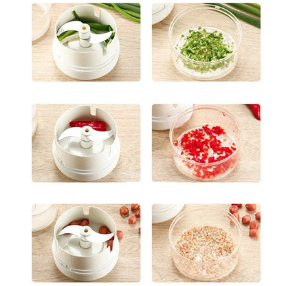 A versatile manual food chopper with self-locking blade mechanism, suitable for chopping a variety of ingredients in the kitchen.