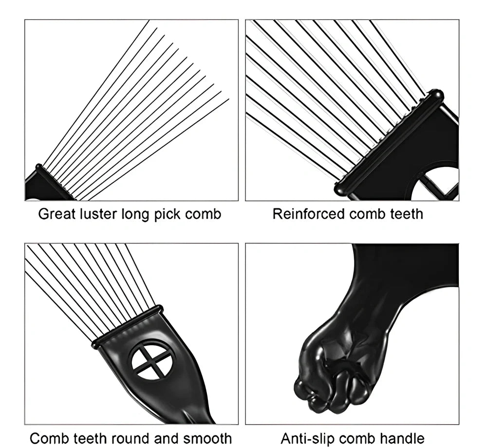 Metal hair comb with steel needle teeth and anti-slip handle for African hair styling