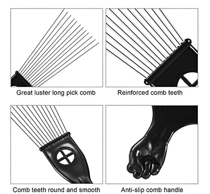 Metal hair comb with steel needle teeth and anti-slip handle for African hair styling