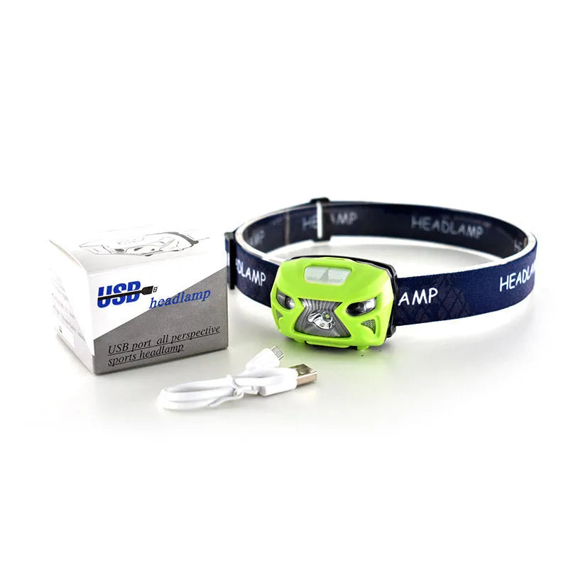 Black waterproof LED head-mounted sensor headlight with adjustable webbing headband