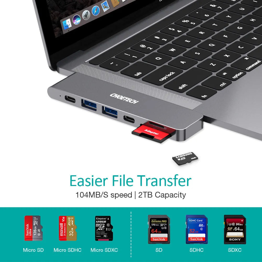Silver aluminium USB-C hub adapter with SD card slot, Micro SD slot, HDMI, USB ports, and USB-C connector.