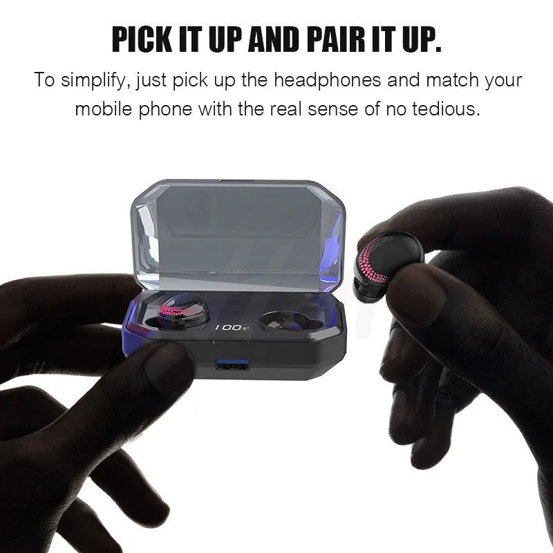 Black X10 Bluetooth wireless headset with charging case showing compact 150x100x40mm dimensions