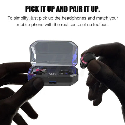 Black X10 Bluetooth wireless headset with charging case showing compact 150x100x40mm dimensions