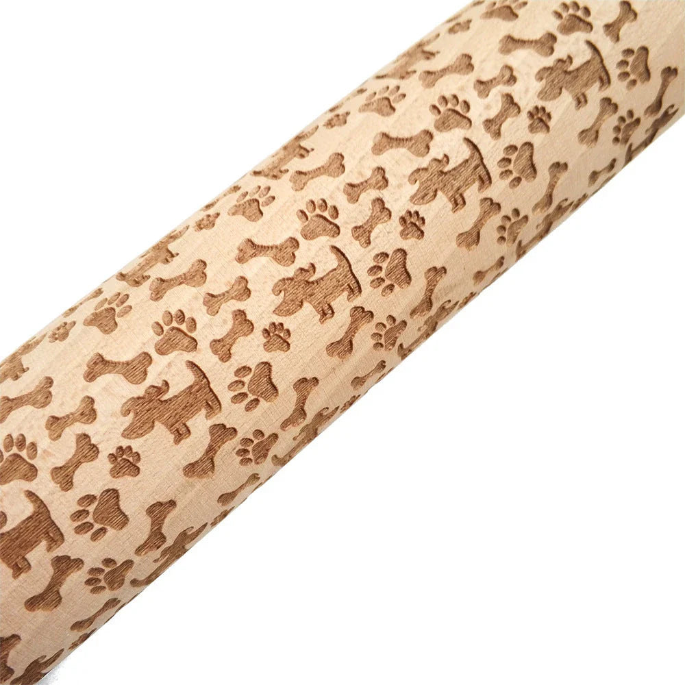 Festive rolling pin with embossed Christmas designs for easy imprinting on dough
