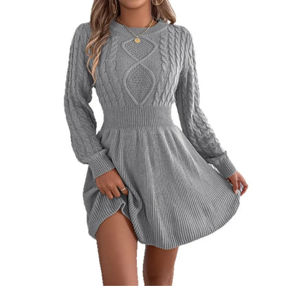 Black women's sweater dress with lantern long sleeves and an elastic twist waist, made from acrylic artificial fur.