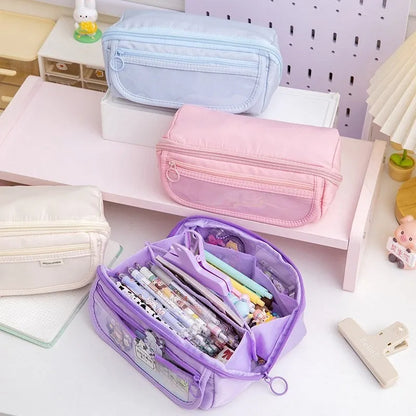 Ten-layer flip canvas pencil case showing multiple compartments in available colours
