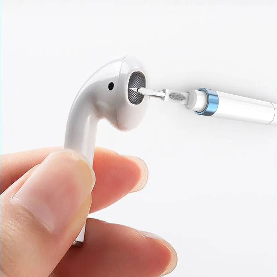 Blue headphone cleaning pen with metal tip, brush, and flocking sponge for electronics