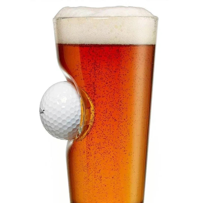 Elegant beverage glass with a unique golf ball embedded within the crystal-clear borosilicate frame, perfect for serving cocktails, iced tea, and desserts.