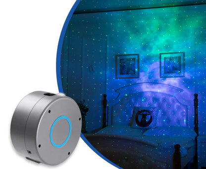 Enchanting starry sky projector with dynamic colour lighting, creating a mesmerising atmosphere in a bedroom or living space
