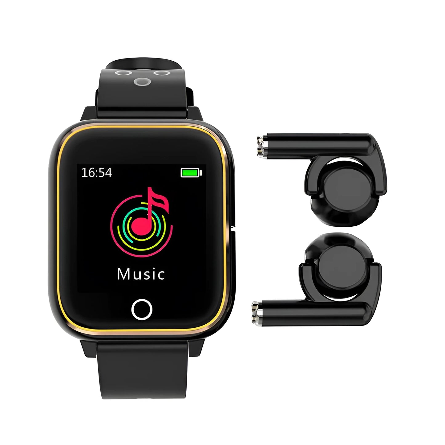 Black smart watch with a 1.4-inch screen and Bluetooth earbuds stored in the watch body