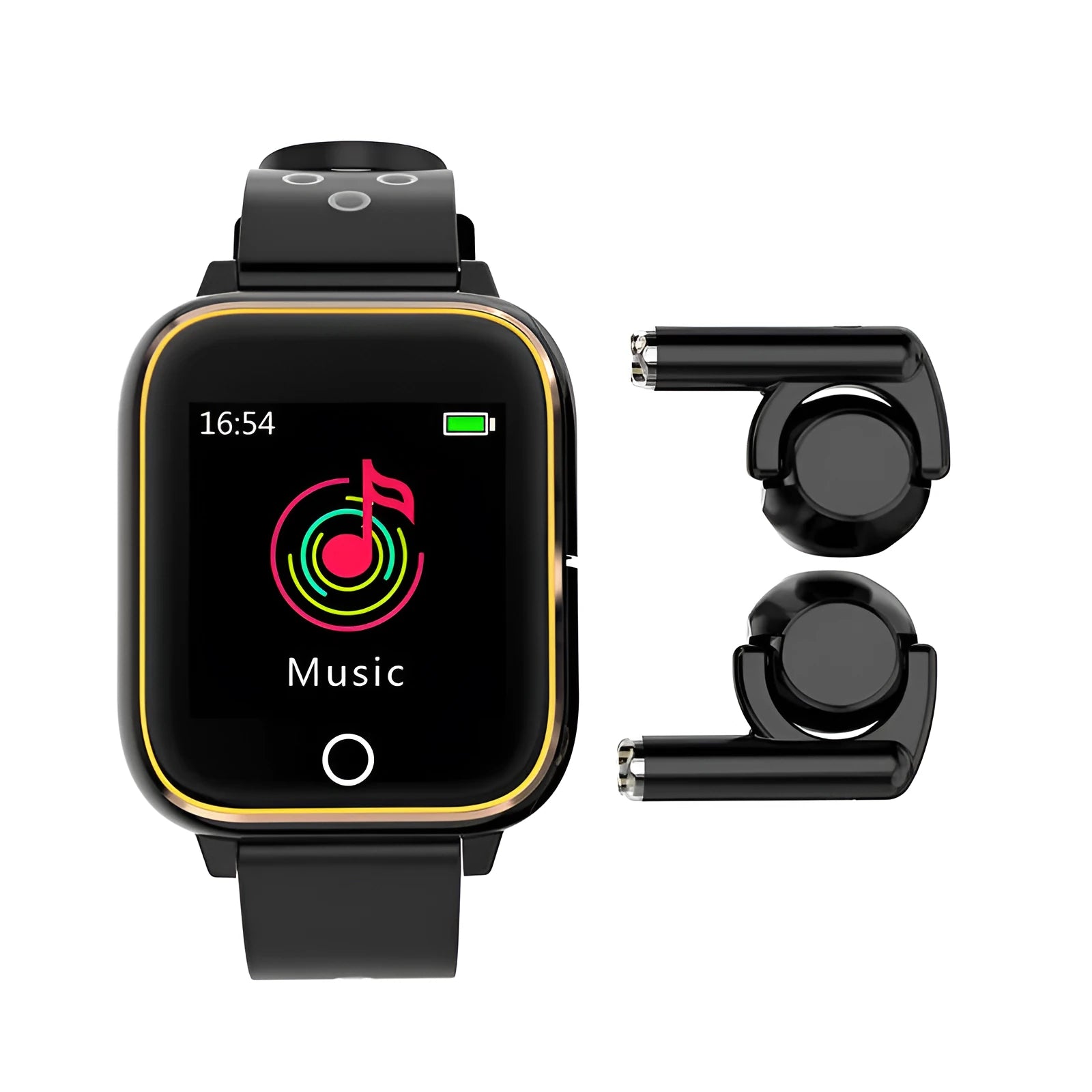 Black smart watch with a 1.4-inch screen and Bluetooth earbuds stored in the watch body